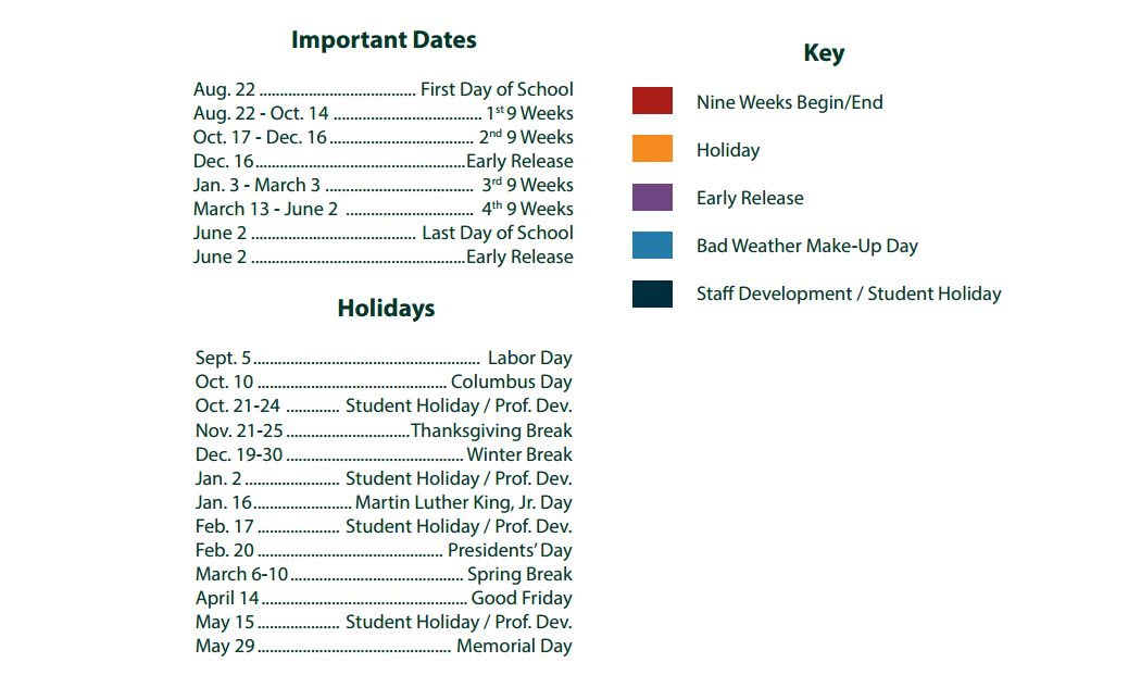 District School Academic Calendar Key for Collin Co J J A E P