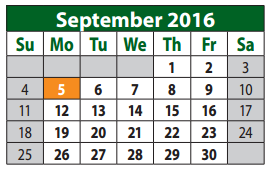District School Academic Calendar for Collin Co J J A E P for September 2016