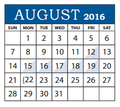 District School Academic Calendar for Richardson High School for August 2016