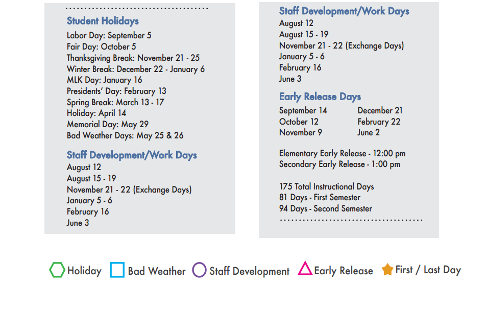 District School Academic Calendar Key for Sharon Shannon Elementary