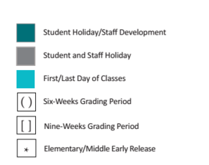 District School Academic Calendar Legend for Williamson Co J J A E P