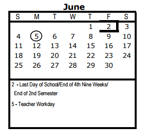 District School Academic Calendar for Bonham Elementary School for June 2017
