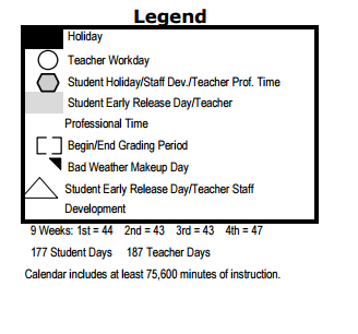 District School Academic Calendar Legend for M L King Academy