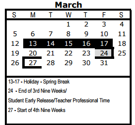 District School Academic Calendar for Wm B Travis Elementary for March 2017