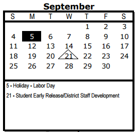District School Academic Calendar for J T Brackenridge Academy for September 2016