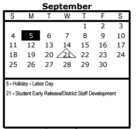 District School Academic Calendar for Wm B Travis Elementary for September 2016