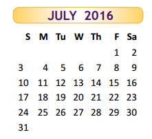 District School Academic Calendar for Hester Juvenile Detent for July 2016