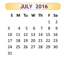 District School Academic Calendar for Rangerville Elementary for July 2016