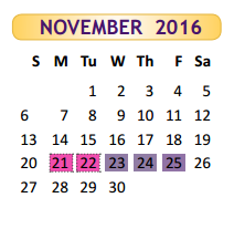 District School Academic Calendar for Rangerville Elementary for November 2016