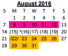 District School Academic Calendar for Juvenile Detention Center for August 2016
