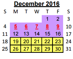District School Academic Calendar for Juvenile Detention Center for December 2016