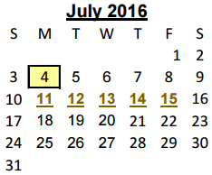 District School Academic Calendar for Juvenile Detention Center for July 2016