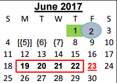 District School Academic Calendar for Juvenile Detention Center for June 2017