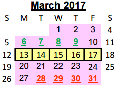 District School Academic Calendar for Juvenile Detention Center for March 2017