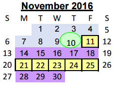 District School Academic Calendar for Juvenile Detention Center for November 2016