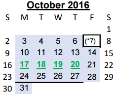 District School Academic Calendar for Juvenile Detention Center for October 2016
