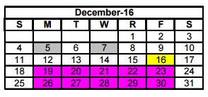 District School Academic Calendar for Pride High School for December 2016