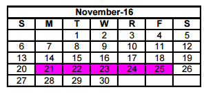 District School Academic Calendar for Bowie Elementary for November 2016
