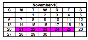 District School Academic Calendar for Crockett Elementary for November 2016