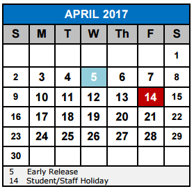 District School Academic Calendar for Ray D Corbett Junior High for April 2017