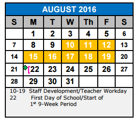 District School Academic Calendar for Schertz Elementary School for August 2016