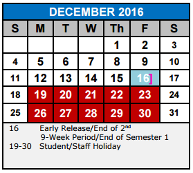 District School Academic Calendar for Ray D Corbett Junior High for December 2016