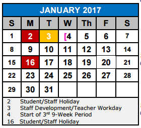 District School Academic Calendar for Cibolo Valley Elementary School
 for January 2017