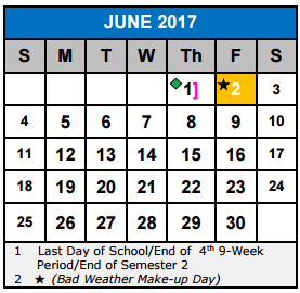 District School Academic Calendar for Norma J Paschal Elementary School for June 2017