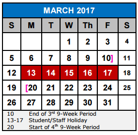 District School Academic Calendar for Wiederstein Elementary School for March 2017