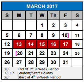 District School Academic Calendar for Schlather Intermediate School
 for March 2017