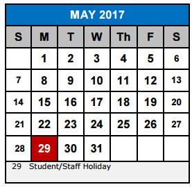 District School Academic Calendar for Wiederstein Elementary School for May 2017