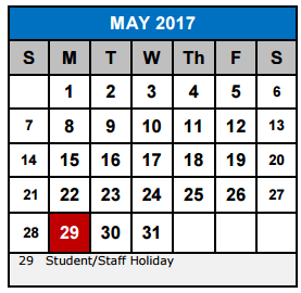 District School Academic Calendar for Schlather Intermediate School
 for May 2017