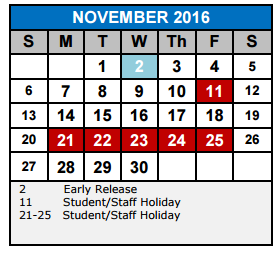 District School Academic Calendar for Green Valley Elementary School for November 2016