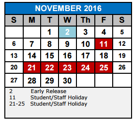 District School Academic Calendar for Sippel Elementary for November 2016