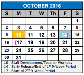 District School Academic Calendar for Green Valley Elementary School for October 2016