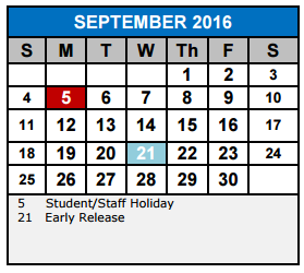 District School Academic Calendar for Schertz Elementary School for September 2016