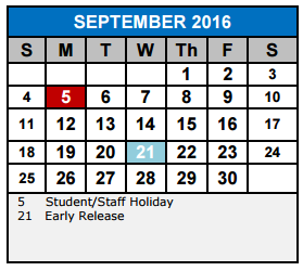 District School Academic Calendar for Samuel Clemens High School for September 2016