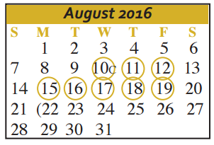 District School Academic Calendar for Joe F Saegert Sixth Grade Center for August 2016