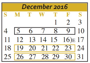 District School Academic Calendar for Juan Seguin Pre-kindergarten for December 2016