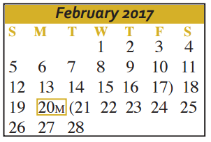 District School Academic Calendar for Joe F Saegert Sixth Grade Center for February 2017