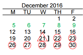 District School Academic Calendar for B L Gray Junior High for December 2016