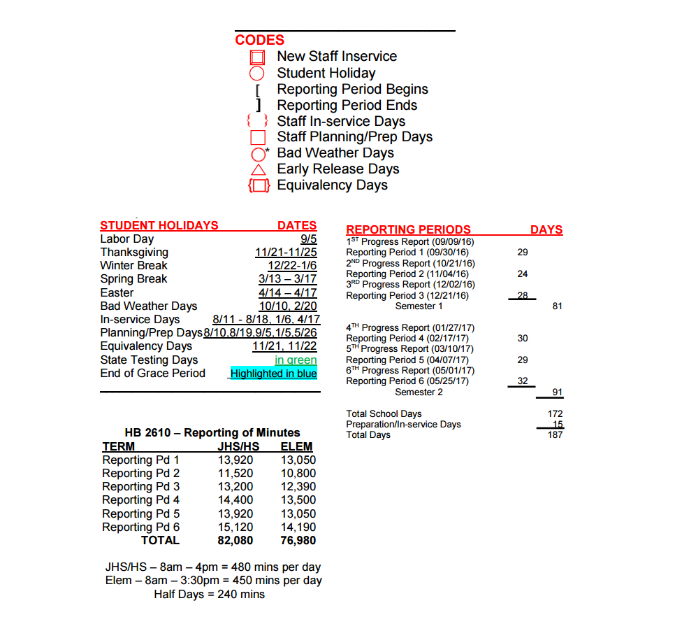 District School Academic Calendar Key for Beto House