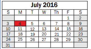 District School Academic Calendar for Sheldon Jjaep for July 2016