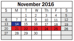 District School Academic Calendar for Sheldon 6th Grade Campus for November 2016