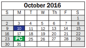 District School Academic Calendar for Sheldon Jjaep for October 2016