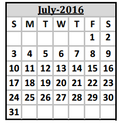 District School Academic Calendar for Jefferson Elementary for July 2016