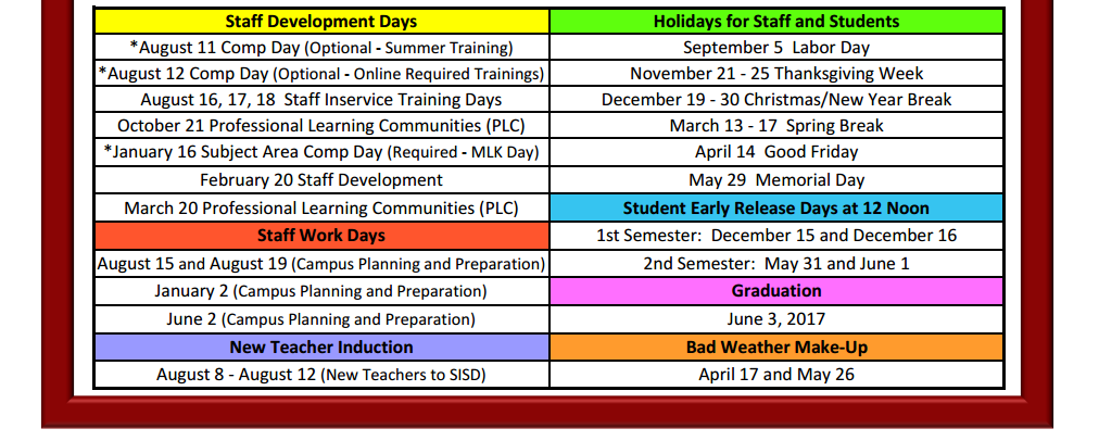 District School Academic Calendar Key for Sherman High School
