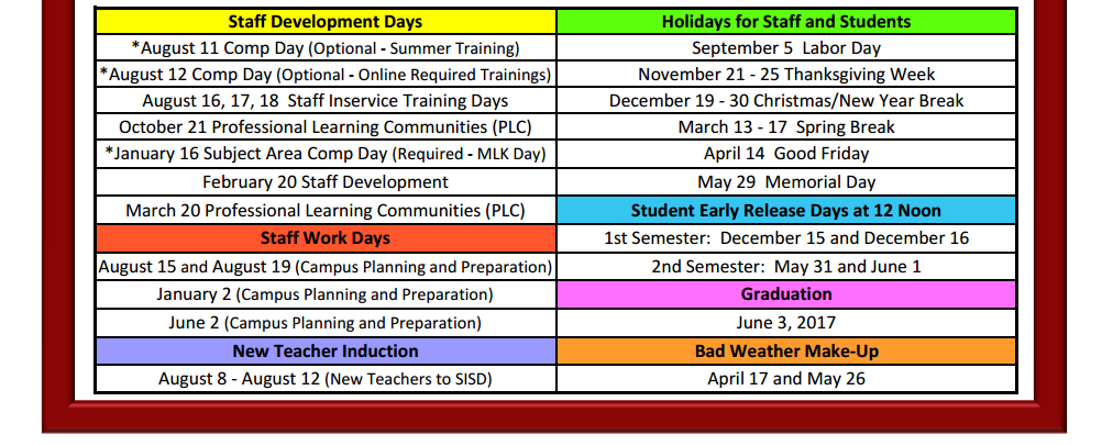 District School Academic Calendar Key for Tri Co Juvenile Detent