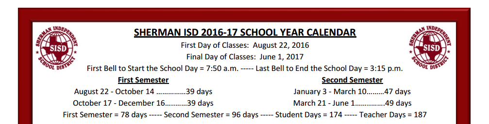 District School Academic Calendar for Sherman High School