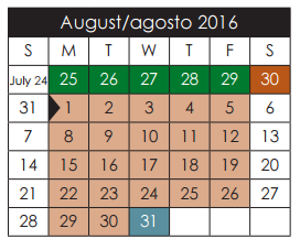 District School Academic Calendar for Escontrias Early Child Ctr for August 2016